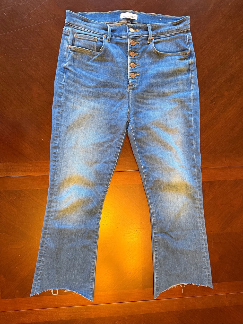 Loft high waist high rise kick crop button-fly Jeans in Med Blue Wash, 10